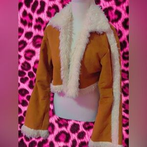 Y2K faux Suede Cropped Jacket with Faux Fur Trim - Tan